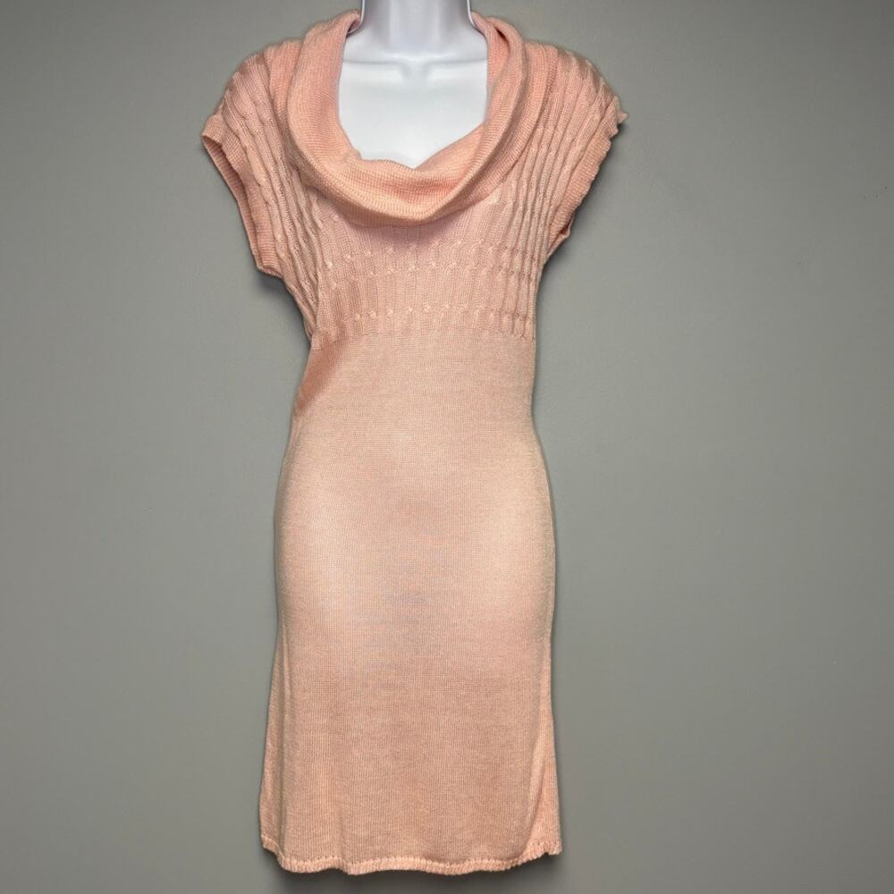 VTG Y2K Feminine Preppy Say What Cowl Neck Light Pink Bodycon Sweater Dress Sz M